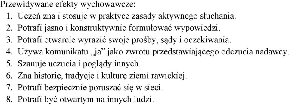 4. Używa komunikatu ja jako zwrotu przedstawiającego odczucia nadawcy. 5. Szanuje uczucia i poglądy innych. 6.