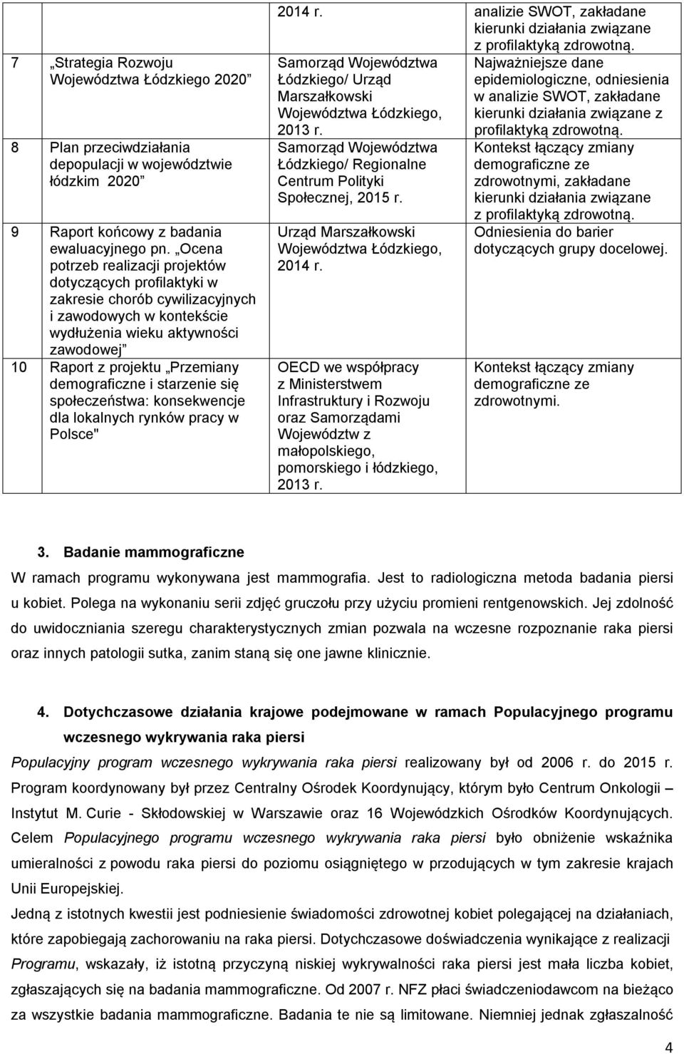 demograficzne i starzenie się społeczeństwa: konsekwencje dla lokalnych rynków pracy w Polsce" 2014 r. analizie SWOT, zakładane kierunki działania związane z profilaktyką zdrowotną.