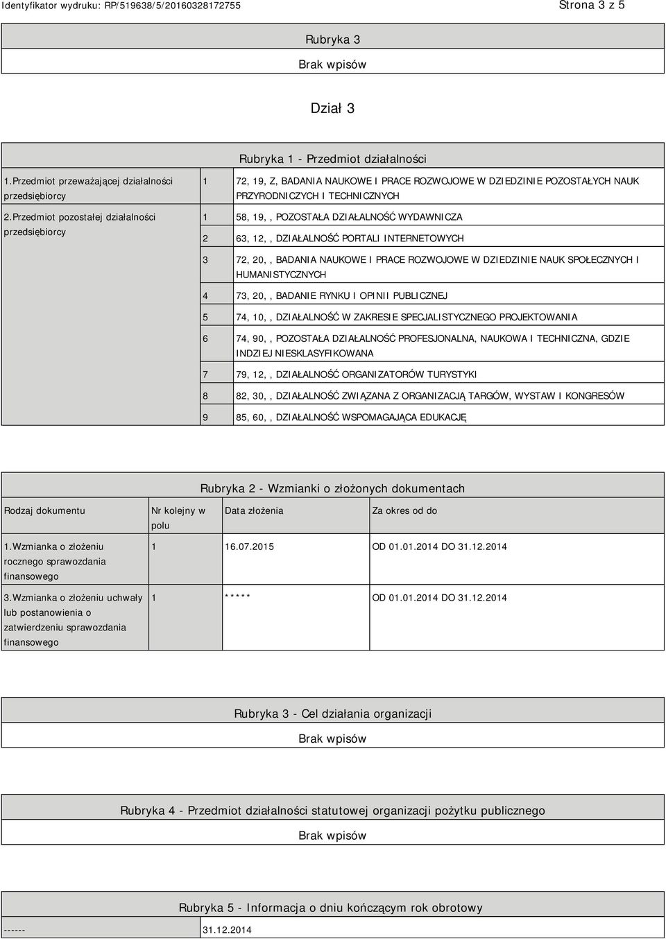 2 63, 12,, DZIAŁALNOŚĆ PORTALI INTERNETOWYCH 3 72, 20,, BADANIA NAUKOWE I PRACE ROZWOJOWE W DZIEDZINIE NAUK SPOŁECZNYCH I HUMANISTYCZNYCH 4 73, 20,, BADANIE RYNKU I OPINII PUBLICZNEJ 5 74, 10,,