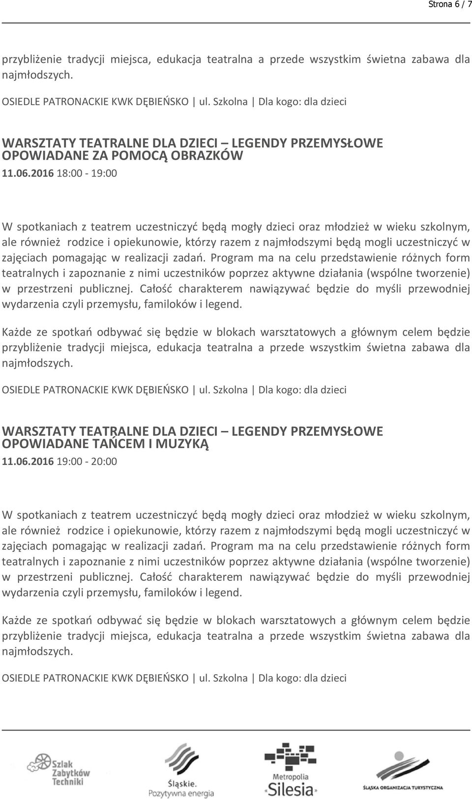 2016 18:00-19:00 WARSZTATY TEATRALNE DLA DZIECI