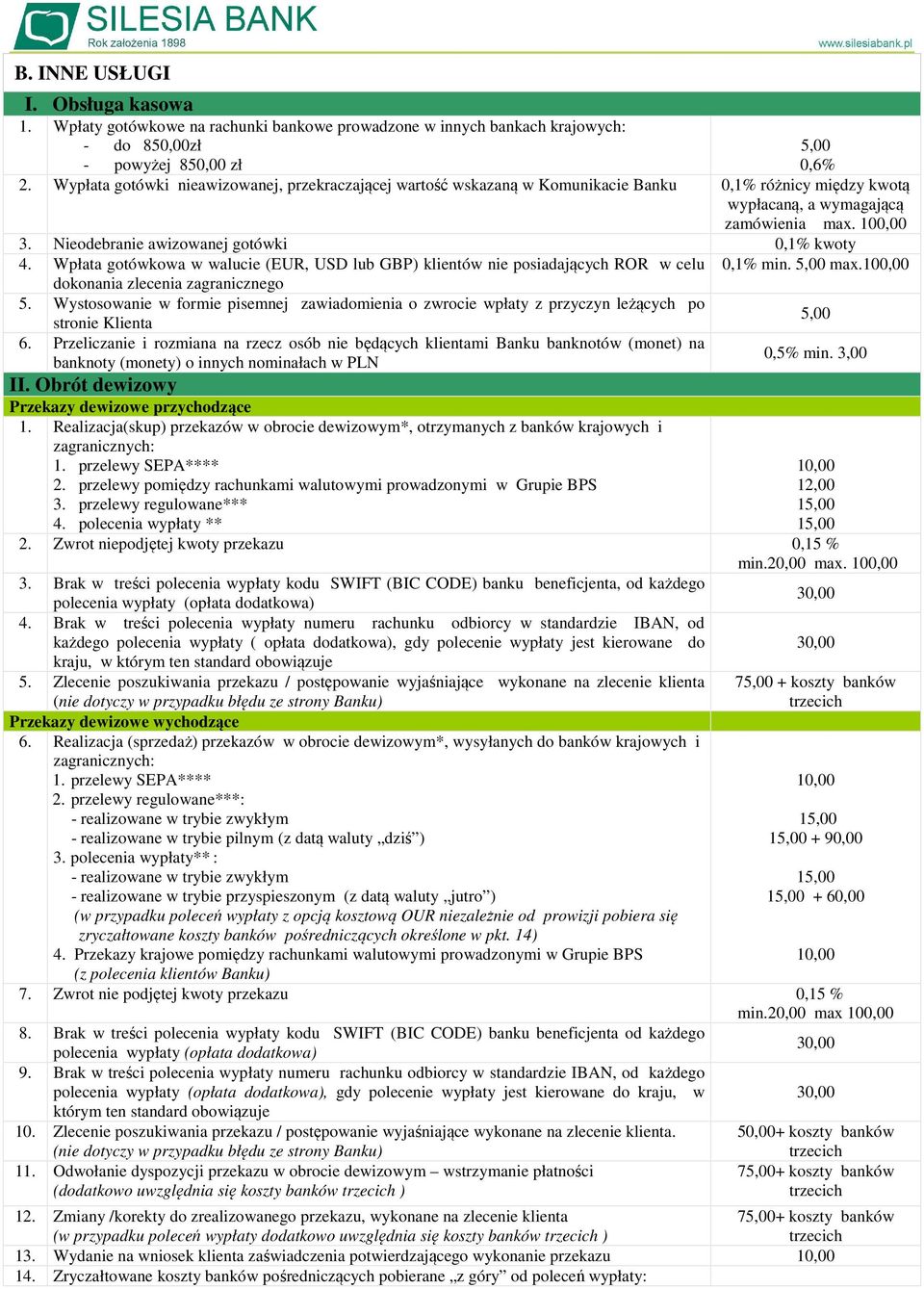 Nieodebranie awizowanej gotówki 0,1% kwoty 4. Wpłata gotówkowa w walucie (EUR, USD lub GBP) klientów nie posiadających ROR w celu dokonania zlecenia zagranicznego 5.