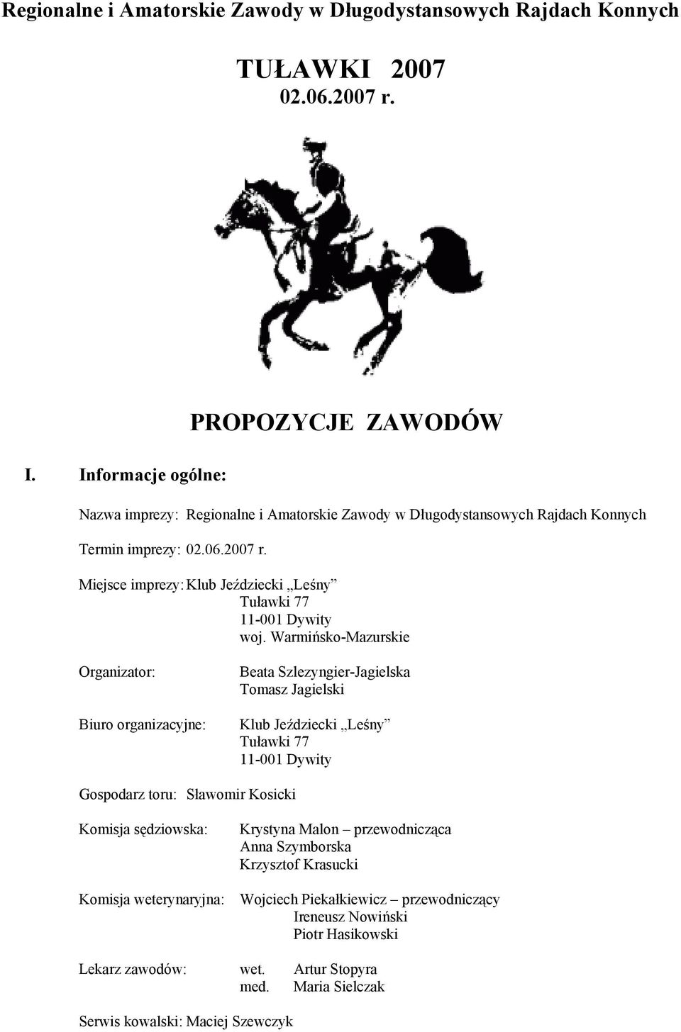 Miejsce imprezy: Klub Jeździecki Leśny Tuławki 77 11-001 Dywity woj.
