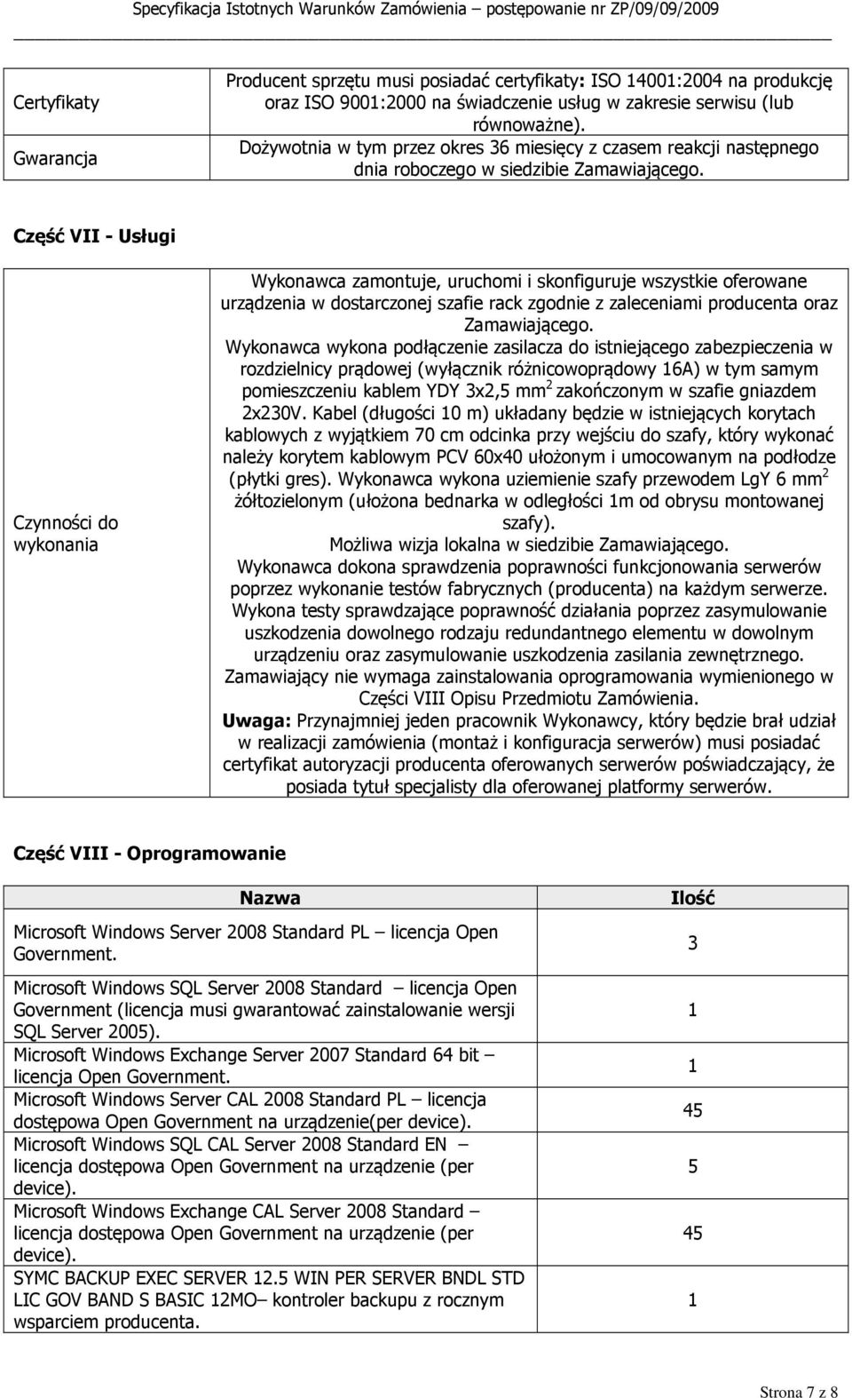 Część VII - Usługi Czynności do wykonania Wykonawca zamontuje, uruchomi i skonfiguruje wszystkie oferowane urządzenia w dostarczonej szafie rack zgodnie z zaleceniami producenta oraz Zamawiającego.