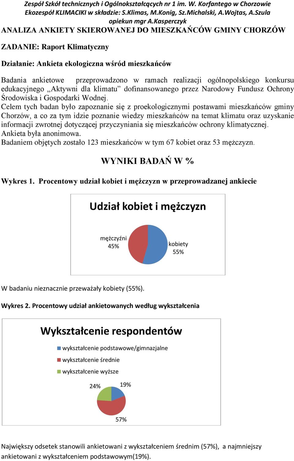 Celem tych badan było zapoznanie się z proekologicznymi postawami mieszkańców gminy Chorzów, a co za tym idzie poznanie wiedzy mieszkańców na temat klimatu oraz uzyskanie informacji zwrotnej