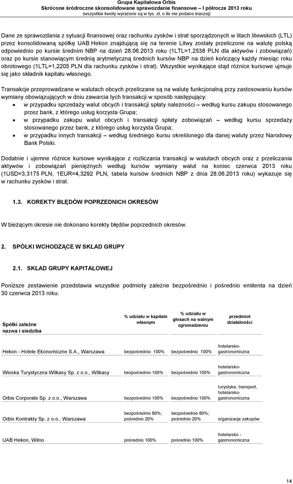 2013 roku (1LTL=1,2538 PLN dla aktywów i zobowiązań) oraz po kursie stanowiącym średnią arytmetyczną średnich kursów NBP na dzień kończący każdy miesiąc roku obrotowego (1LTL=1,2205 PLN dla rachunku