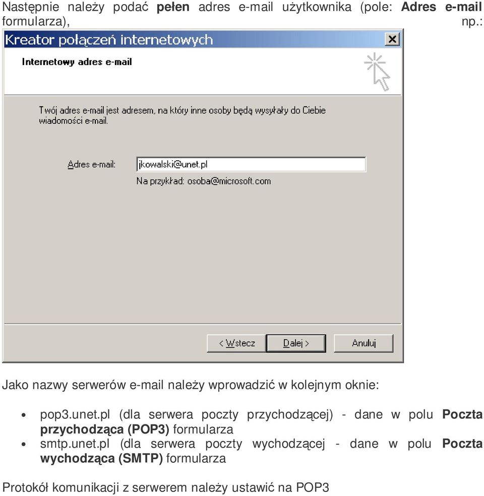 pl (dla serwera poczty przychodzcej) - dane w polu Poczta przychodzca (POP3) formularza smtp.unet.