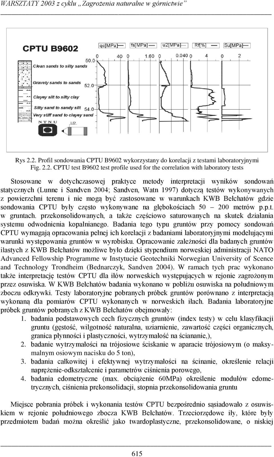 2. Profil sondowania CPTU B9602 wykorzystany do korelacji z testami laboratoryjnymi Fig. 2.2. CPTU test B9602 test profile used for the correlation with laboratory tests Stosowane w dotychczasowej