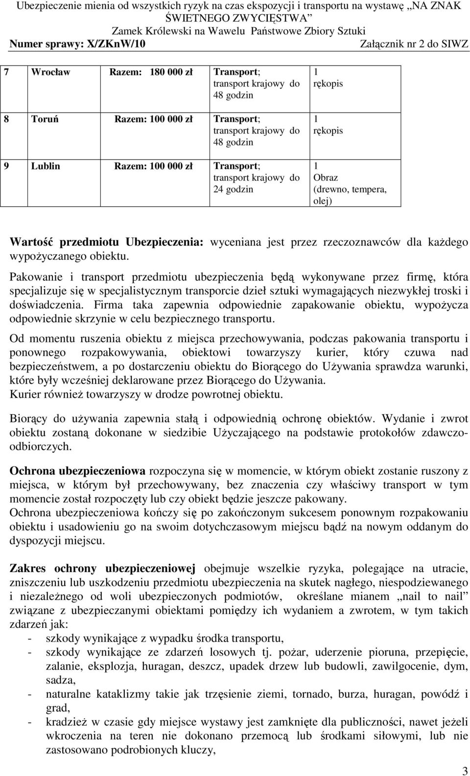 Pakowanie i transport przedmiotu ubezpieczenia będą wykonywane przez firmę, która specjalizuje się w specjalistycznym transporcie dzieł sztuki wymagających niezwykłej troski i doświadczenia.