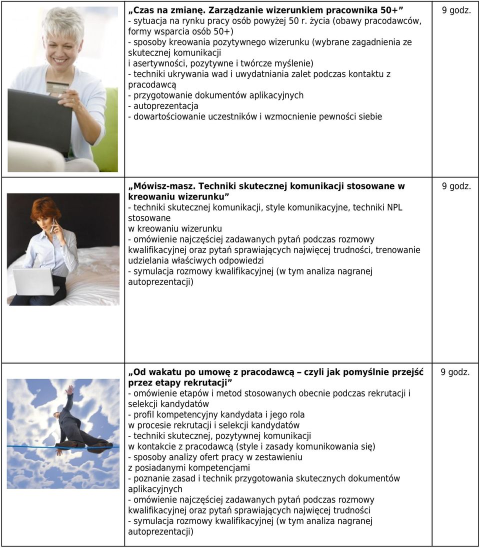 ukrywania wad i uwydatniania zalet podczas kontaktu z pracodawcą - przygotowanie dokumentów aplikacyjnych - autoprezentacja - dowartościowanie uczestników i wzmocnienie pewności siebie Mówisz-masz.