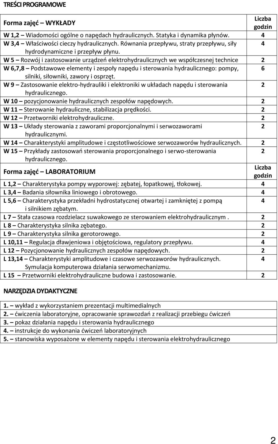 W 5 Rozwój i zastosowanie urządzeń elektrohydraulicznych we współczesnej technice 2 W 6,7,8 Podstawowe elementy i zespoły hydraulicznego: pompy, 6 silniki, siłowniki, zawory i osprzęt.