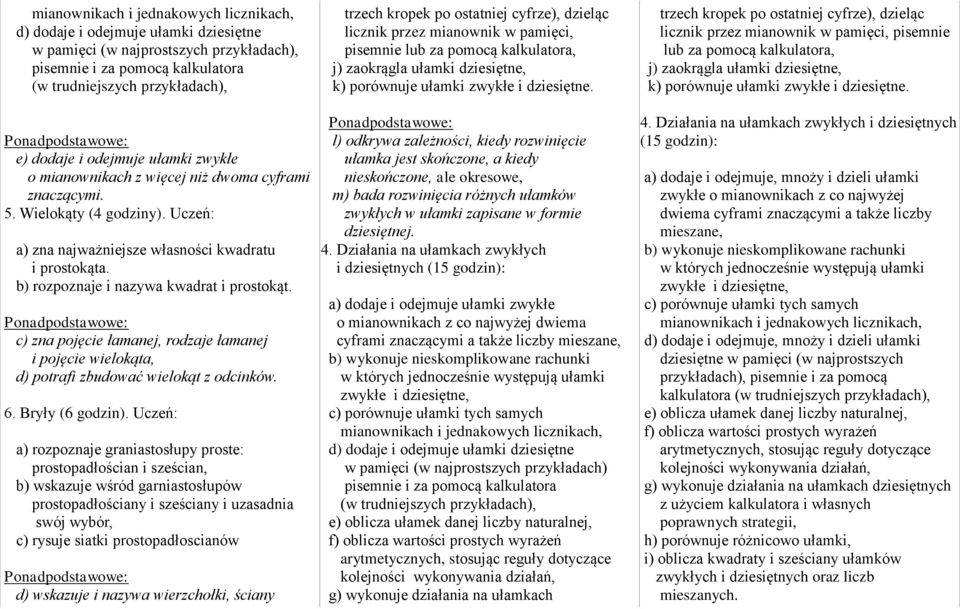 b) rozpoznaje i nazywa kwadrat i prostokąt. c) zna pojęcie łamanej, rodzaje łamanej i pojęcie wielokąta, d) potrafi zbudować wielokąt z odcinków. 6. Bryły (6 godzin).