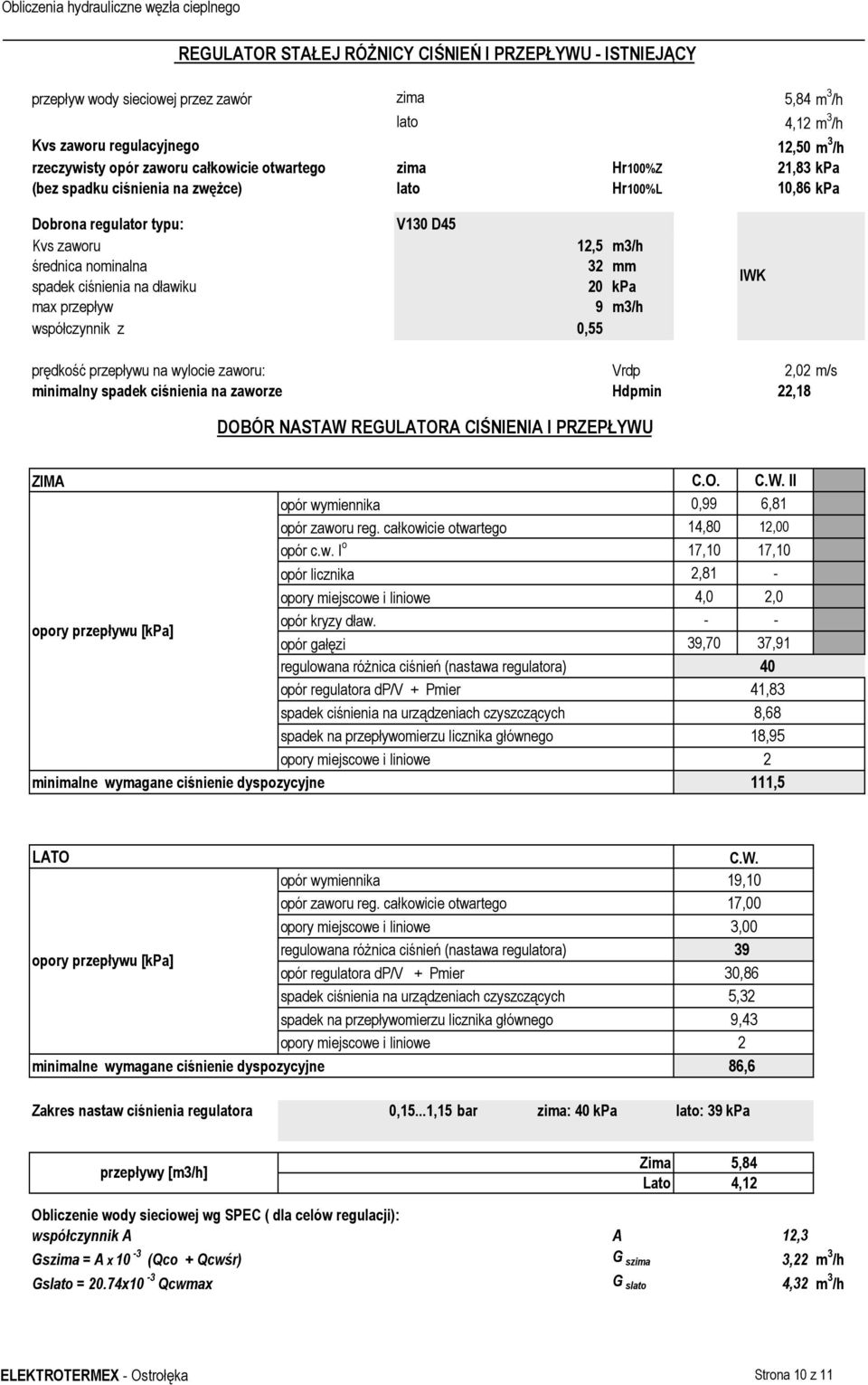 0,55 IWK prędkość przepływu na wylocie zaworu: Vrdp 2,02 m/s minimalny spadek ciśnienia na zaworze Hdpmin 22,18 DOBÓR NASTAW REGULATORA CIŚNIENIA I PRZEPŁYWU ZIMA C.O. C.W. II opór wymiennika 0,99 6,81 opory przepływu [kpa] opór zaworu reg.