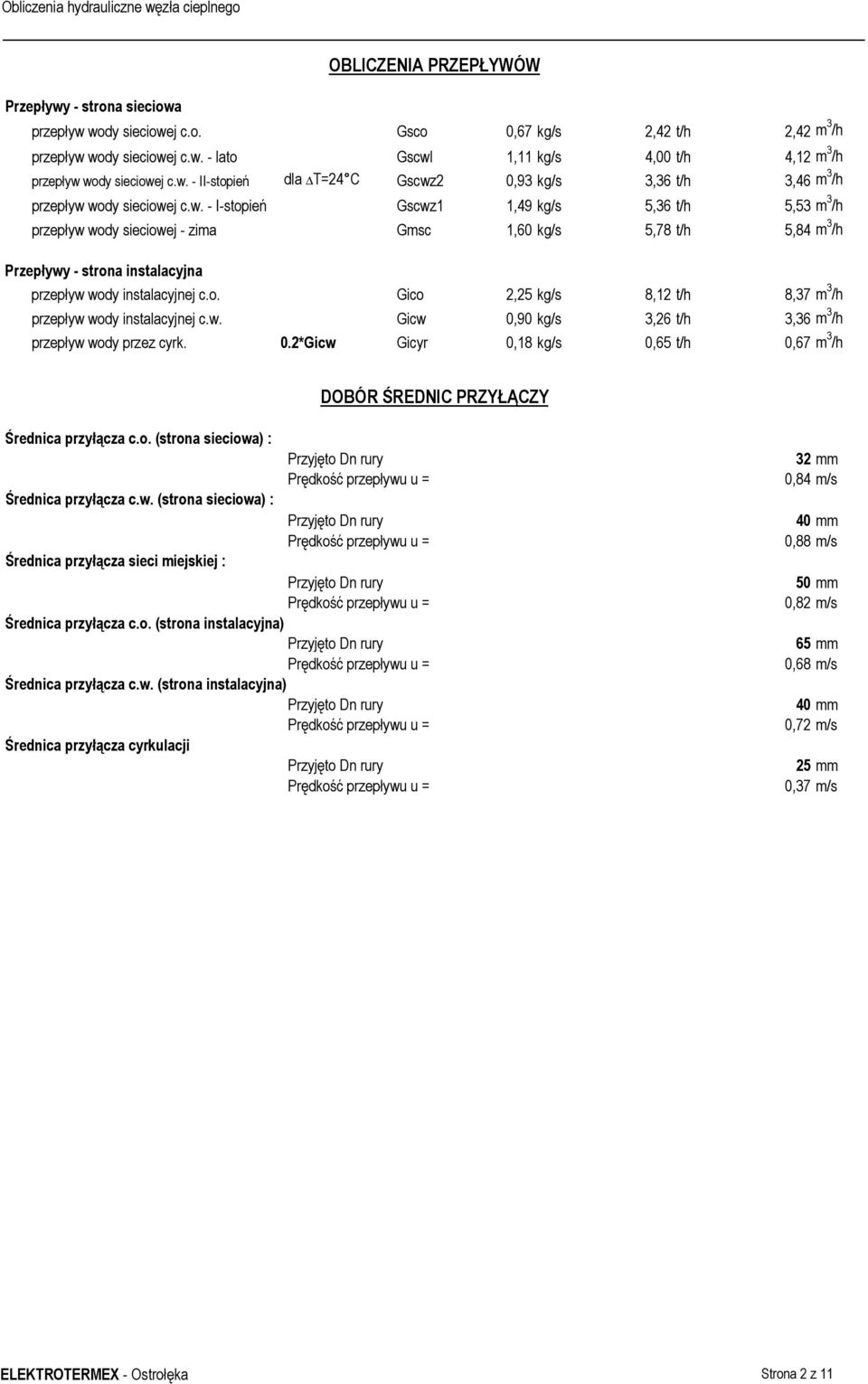 instalacyjnej c.o. Gico 2,25 kg/s 8,12 t/h 8,37 m 3 /h przepływ wody instalacyjnej c.w. Gicw 0,90 kg/s 3,26 t/h 3,36 m 3 /h przepływ wody przez cyrk. 0.2*Gicw Gicyr 0,18 kg/s 0,65 t/h 0,67 m 3 /h DOBÓR ŚREDNIC PRZYŁĄCZY Średnica przyłącza c.