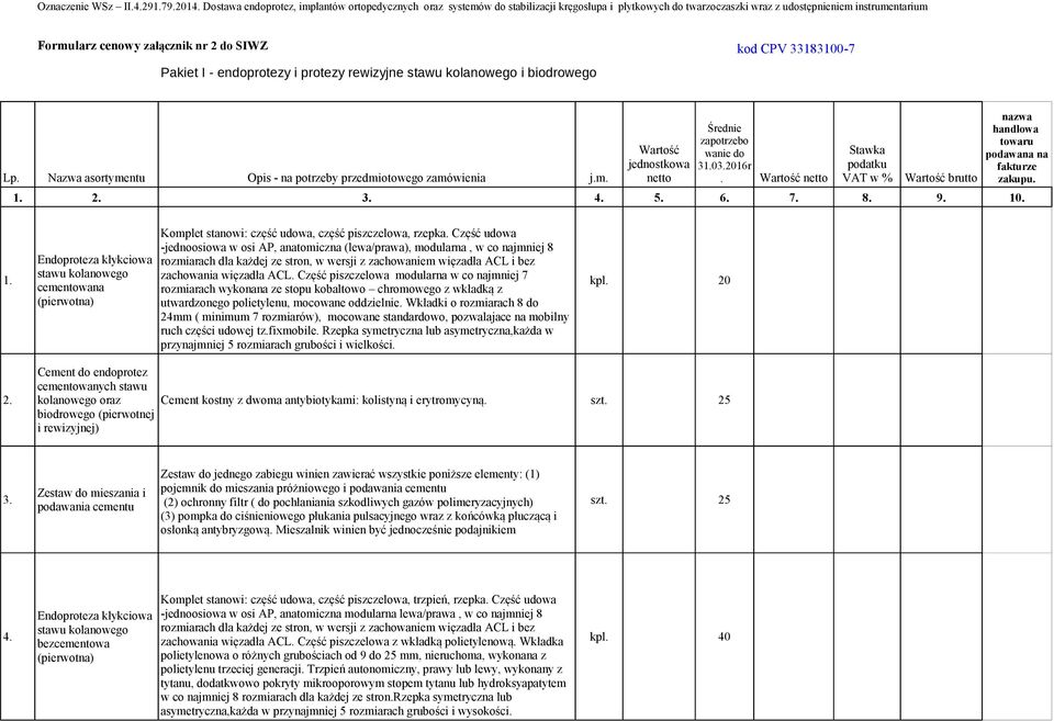 CPV 33183100-7 Pakiet I - endoprotezy i protezy rewizyjne stawu kolanowego i biodrowego Średnie zapotrzebo Wartość wanie do Stawka jednostkowa 31.03.2016r podatku Lp.