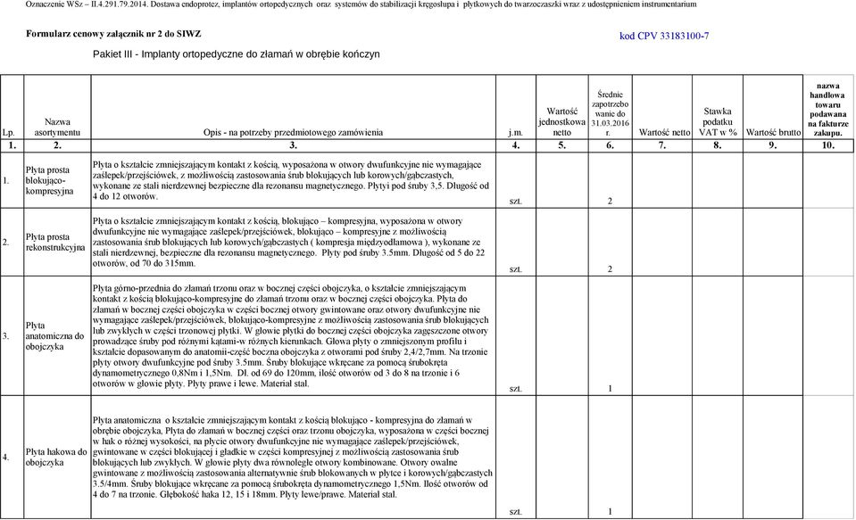 CPV 33183100-7 Pakiet III - Implanty ortopedyczne do złamań w obrębie kończyn nazwa Średnie handlowa zapotrzebo towaru Wartość wanie do Stawka podawana Nazwa jednostkowa 31.03.