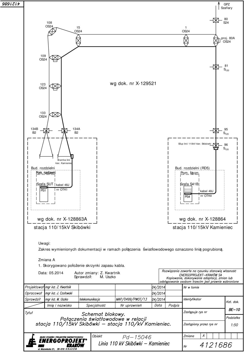 łączn. Szafa SUT kabel 48J PS1 nr OTK1 Szafa S41B PS4 kabel 48J nr OTK4 wg dok. nr X-128863A stacja 110/15kV Skibówki wg dok.