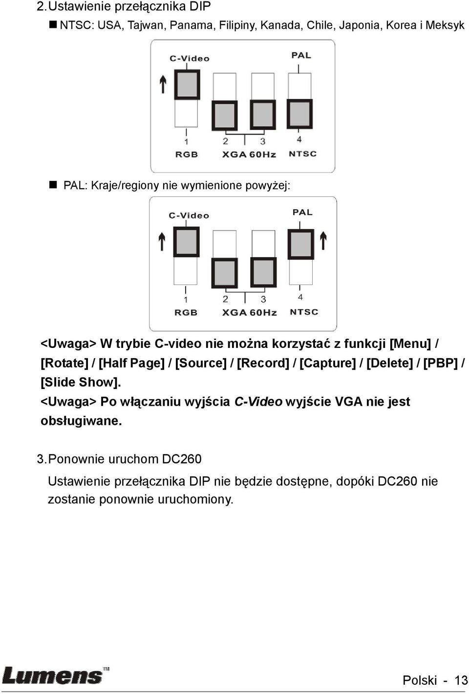 [Record] / [Capture] / [Delete] / [PBP] / [Slide Show]. <Uwaga> Po włączaniu wyjścia C-Video wyjście VGA nie jest obsługiwane.