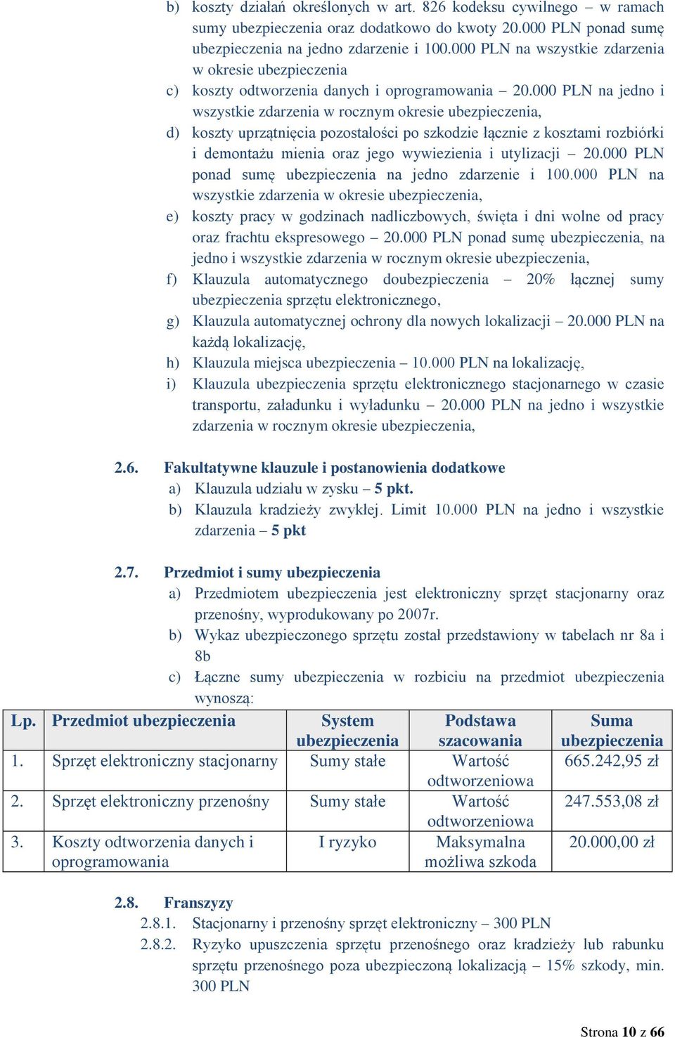 000 PLN na jedno i wszystkie zdarzenia w rocznym okresie ubezpieczenia, d) koszty uprzątnięcia pozostałości po szkodzie łącznie z kosztami rozbiórki i demontażu mienia oraz jego wywiezienia i