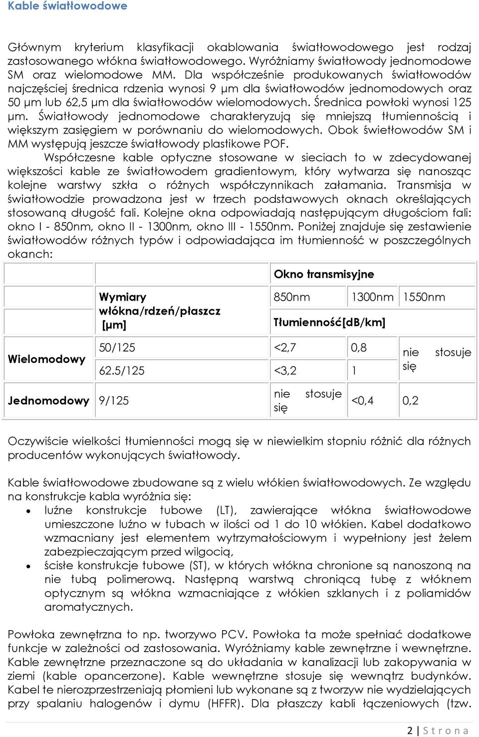 Średnica powłoki wynosi 125 μm. Światłowody jednomodowe charakteryzują się mniejszą tłumiennością i większym zasięgiem w porównaniu do wielomodowych.