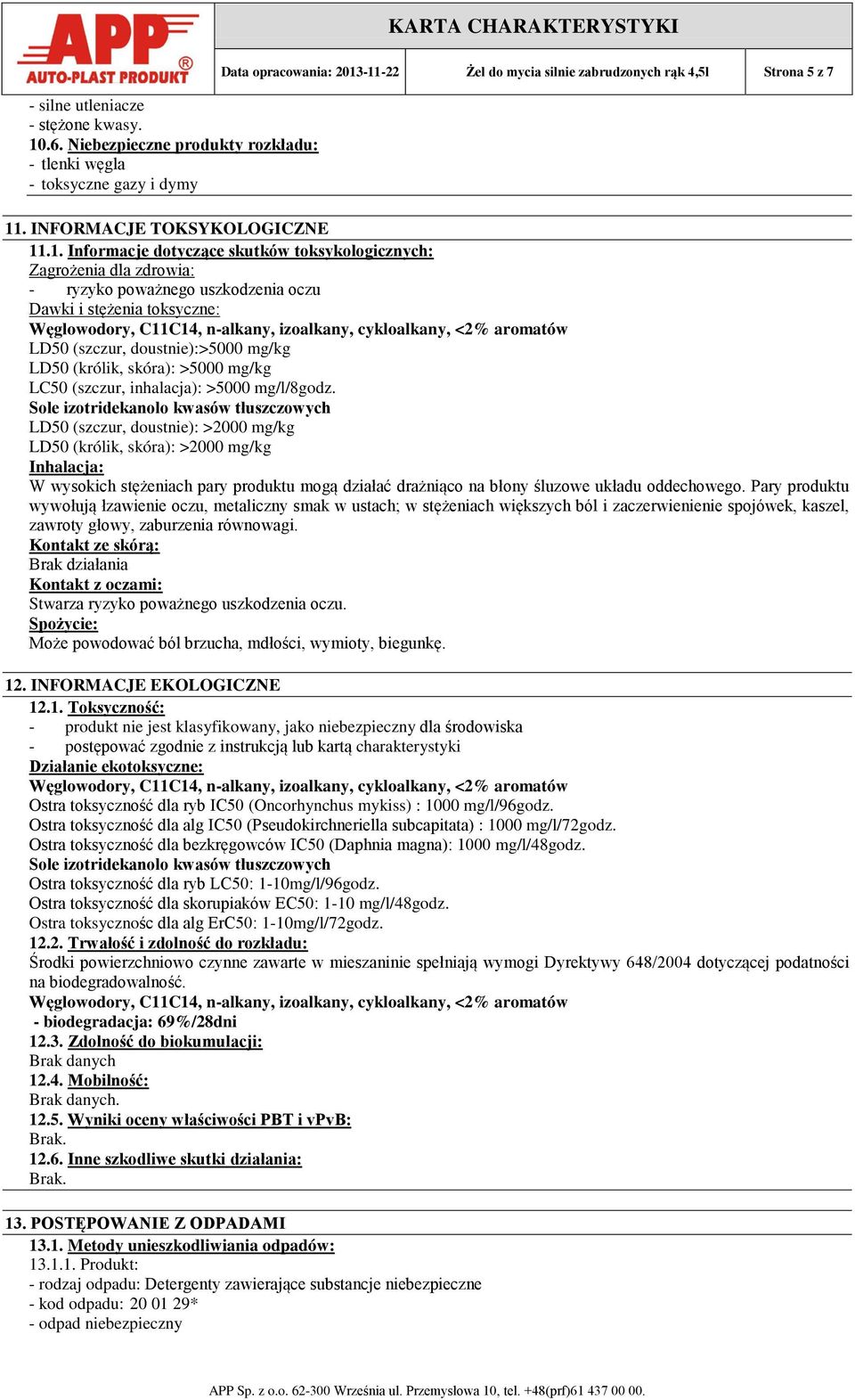 -11-22 Żel do mycia silnie zabrudzonych rąk 4,5l Strona 5 z 7 11. INFORMACJE TOKSYKOLOGICZNE 11.1. Informacje dotyczące skutków toksykologicznych: Zagrożenia dla zdrowia: - ryzyko poważnego