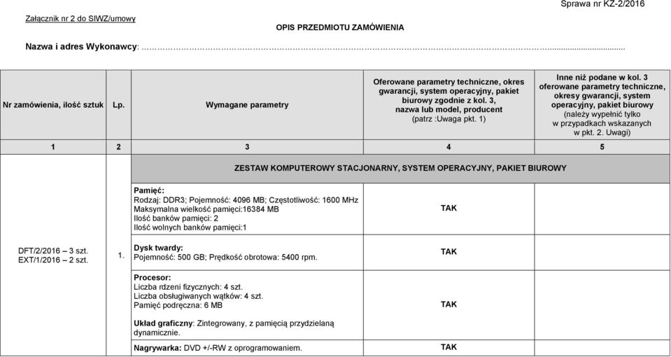 Maksymalna wielkość pamięci:16384 MB Ilość banków pamięci: 2 Ilość wolnych banków pamięci:1 DFT/2/2016 3 szt. EXT/1/2016 2 szt. 1.