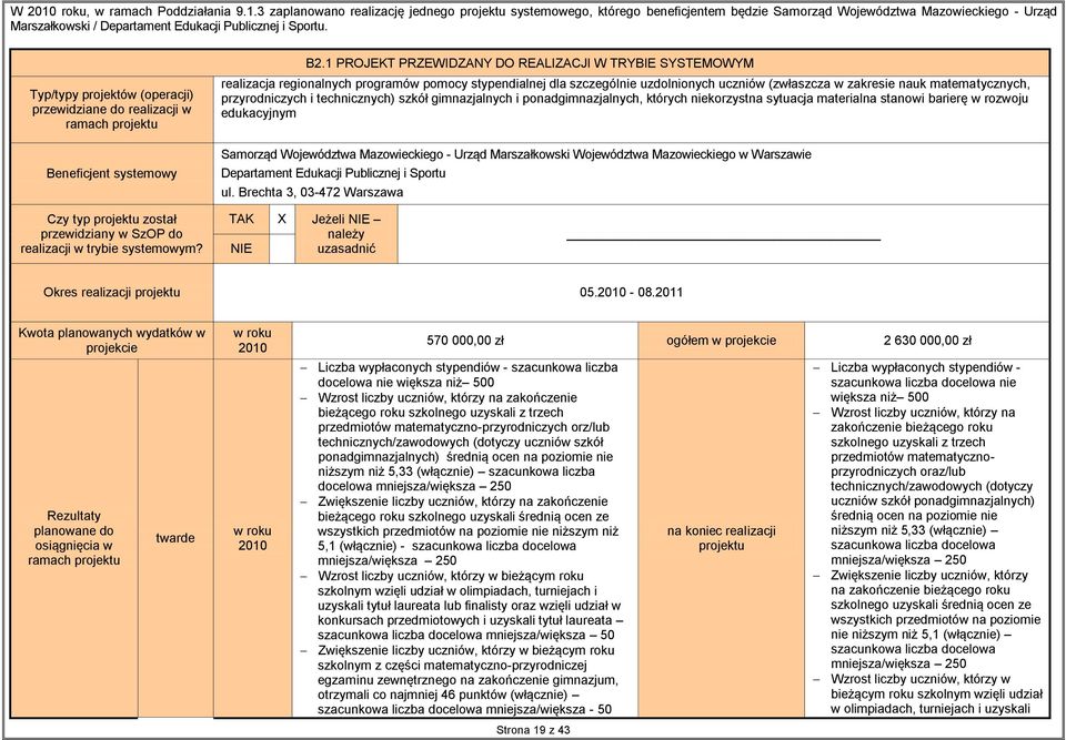 Typ/typy projektów (operacji) przewidziane do realizacji w ramach projektu Beneficjent systemowy B2.