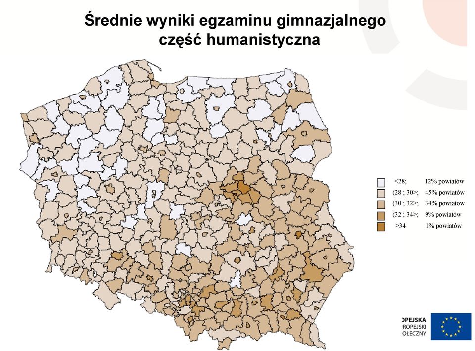 (28 ; 30>; 45% powiatów (30 ; 32>; 34%