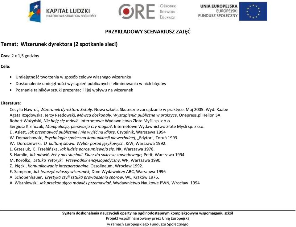 Skuteczne zarządzanie w praktyce. Maj 2005. Wyd. Raabe Agata Rzędowska, Jerzy Rzędowski, Mówca doskonały. Wystąpienia publiczne w praktyce. Onepress.pl Helion SA Robert Ważyński, Nie boję się mówić.