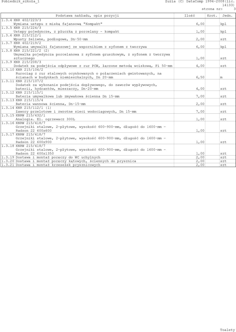 3.9 KNR 215/208/3 Dodatek za podejścia odpływowe z rur PCW, łączone metodą wciskową, Fi 50 mm 4,00 szt 1.3.10 KNR 215/104/2 Rurociąg z rur stalowych ocynkowanych o połączeniach gwintowanych, na ścianach w budynkach niemieszkalnych, Dn 20 mm 6,50 m 1.