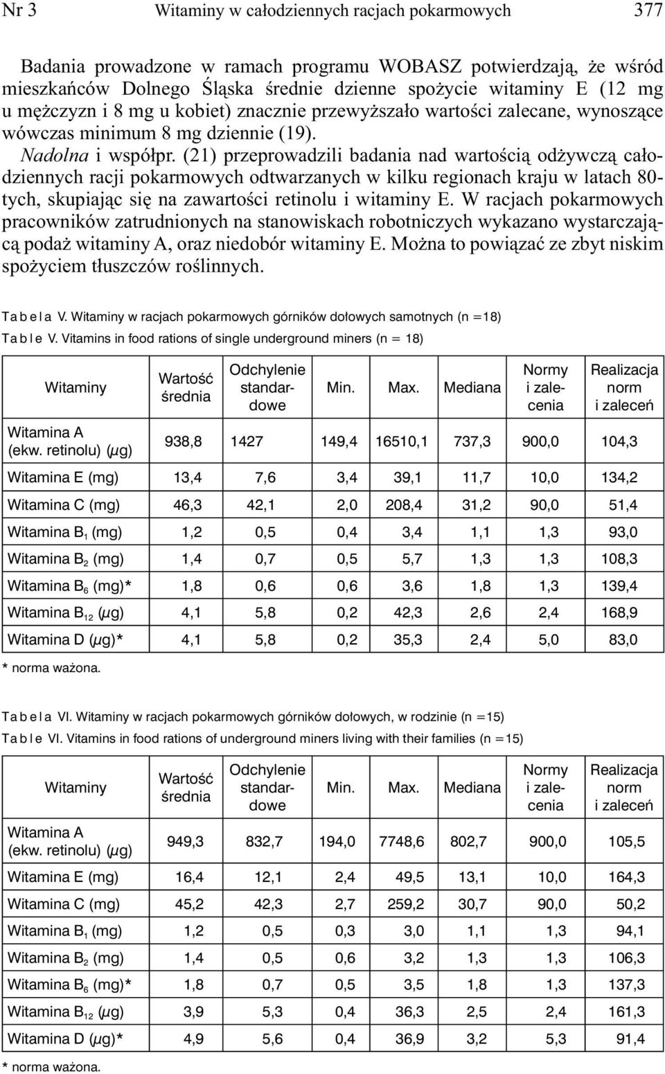 (21) przeprowadzili badania nad wartością odżywczą całodziennych racji pokarmowych odtwarzanych w kilku regionach kraju w latach 80- tych, skupiając się na zawartości retinolu i witaminy E.