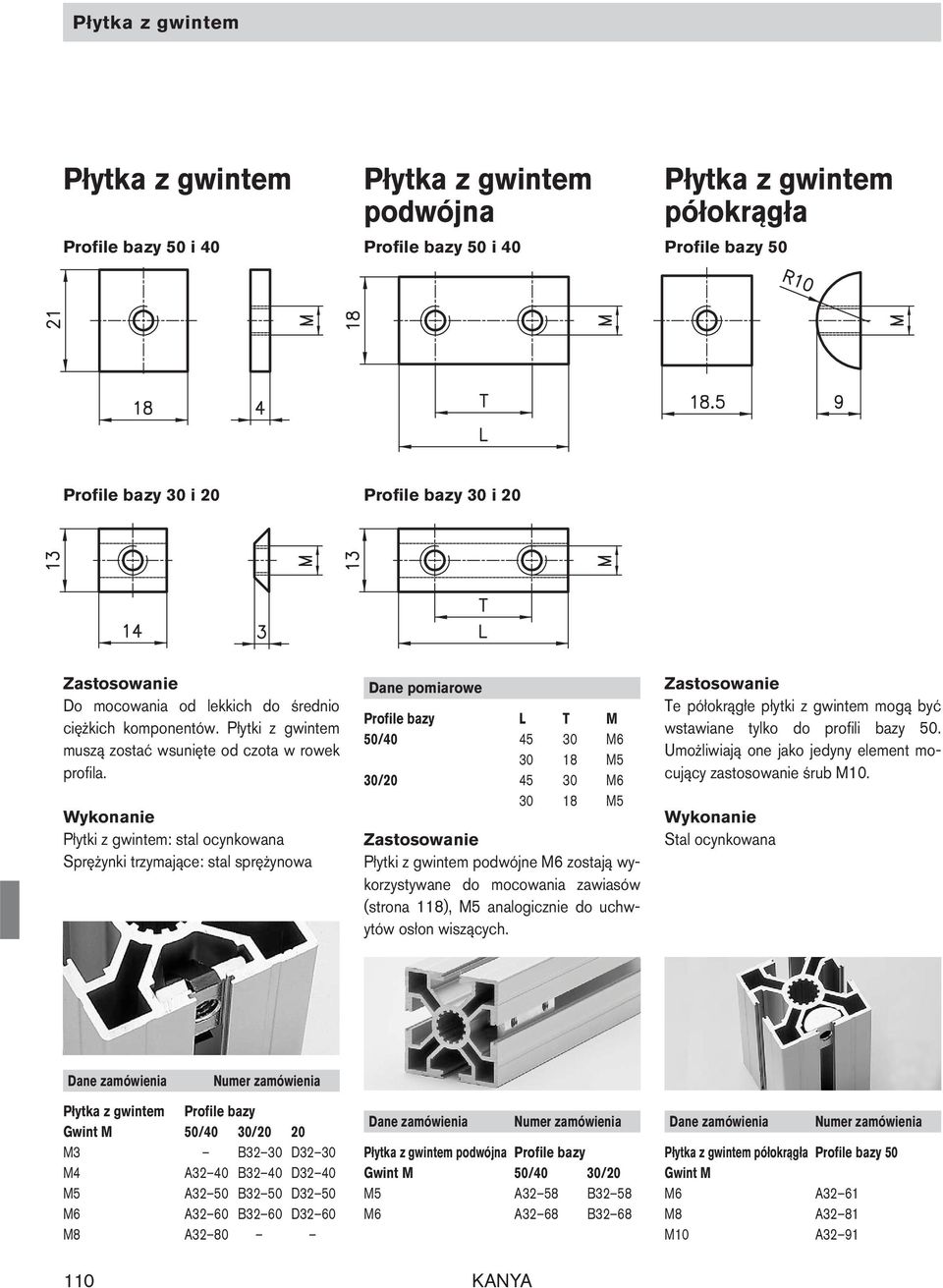 Płytki z gwintem: stal ocynkowana Sprężynki trzymające: stal sprężynowa Dane pomiarowe L T M 50/40 45 30 M6 30 18 M5 30/20 45 30 M6 30 18 M5 Płytki z gwintem podwójne M6 zostają wykorzystywane do