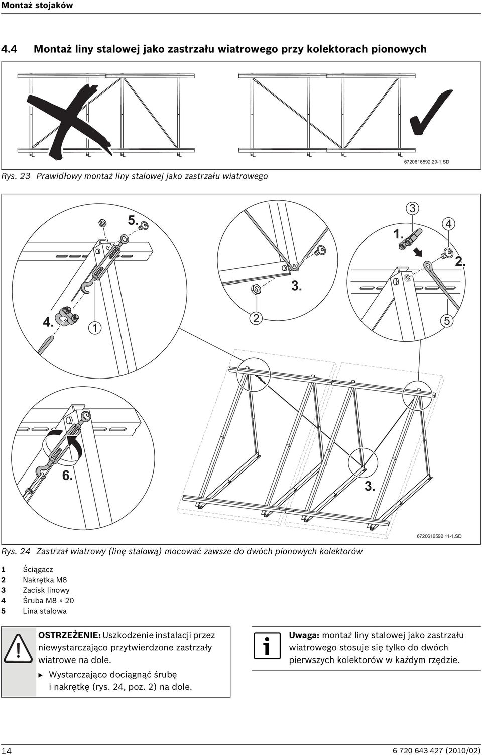 4 Zastrzał wiatrowy (linę stalową) mocować zawsze do dwóch pionowych kolektorów 1 Ściągacz Nakrętka M8 3 Zacisk linowy 4 Śruba M8 0 5 Lina stalowa OSTRZEŻENIE: