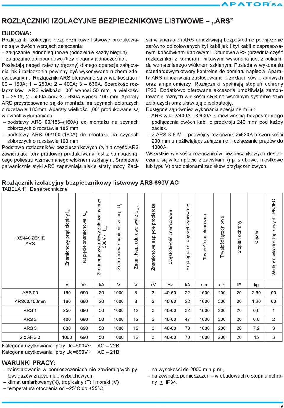 Rozłączniki ARS oferowane są w wielkościach: 00 160A; 1 250A; 2 400A; 3 630A. Szerokość rozłączników ARS wielkości 00 wynosi 50 mm, a wielkości 1 250A; 2-400A oraz 3-630A wynosi 100 mm.