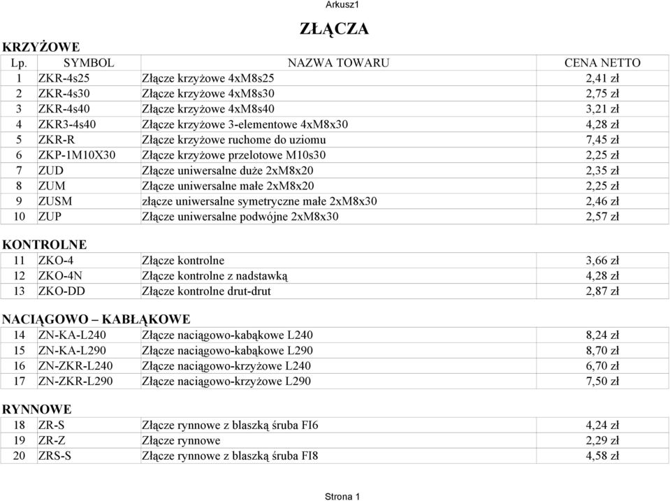 3-elementowe 4xM8x30 4,28 zł 5 ZKR-R Złącze krzyżowe ruchome do uziomu 7,45 zł 6 ZKP-1M10X30 Złącze krzyżowe przelotowe M10s30 2,25 zł 7 ZUD Złącze uniwersalne duże 2xM8x20 2,35 zł 8 ZUM Złącze