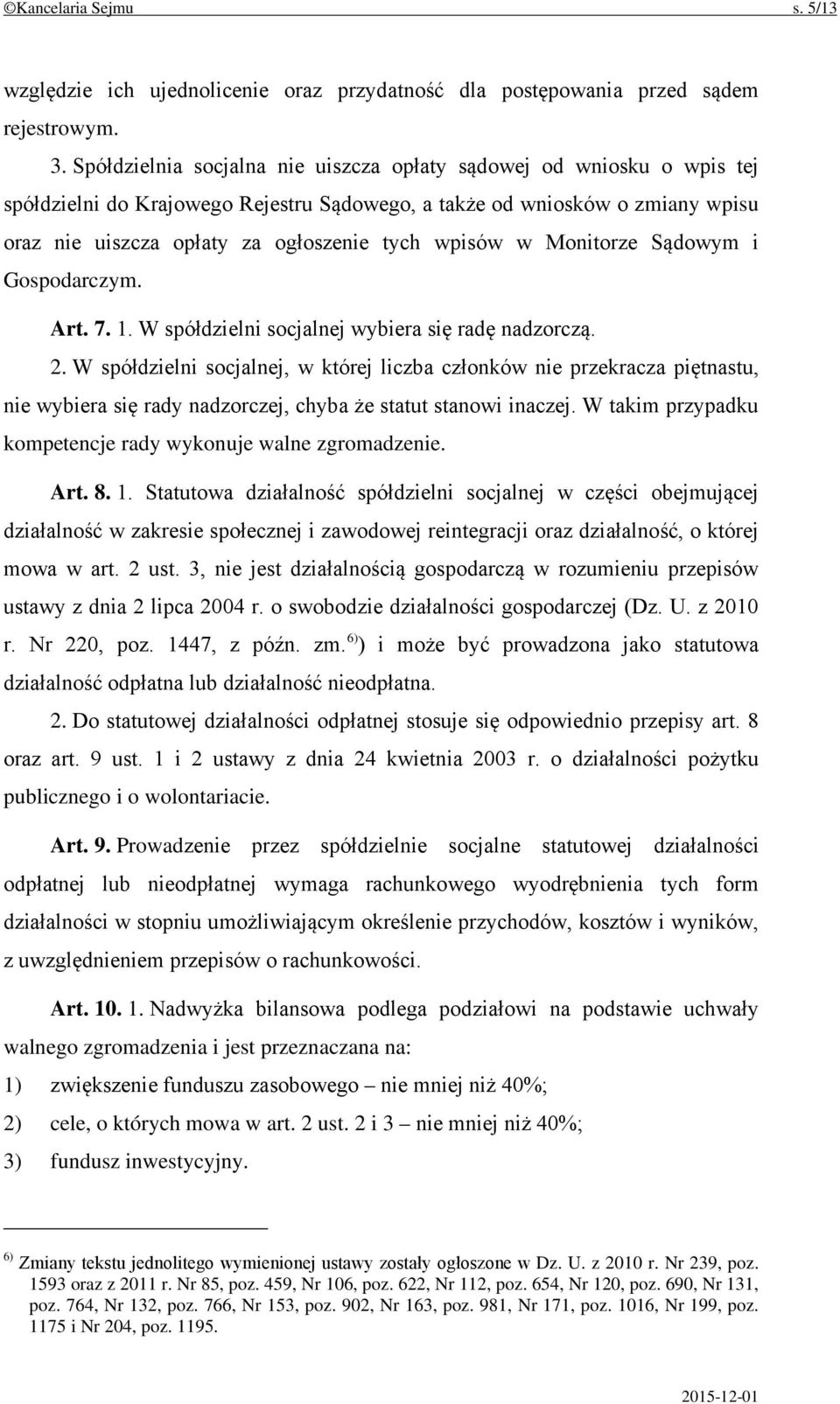 w Monitorze Sądowym i Gospodarczym. Art. 7. 1. W spółdzielni socjalnej wybiera się radę nadzorczą. 2.