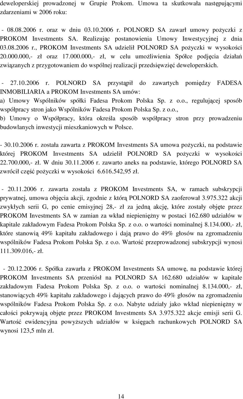 000,- zł oraz 17.000.000,- zł, w celu umoŝliwienia Spółce podjęcia działań związanych z przygotowaniem do wspólnej realizacji przedsięwzięć deweloperskich. - 27.10.2006 r.