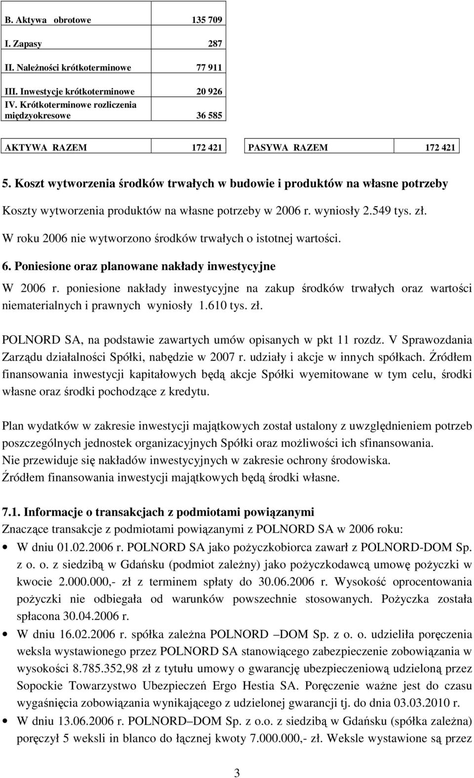 Koszt wytworzenia środków trwałych w budowie i produktów na własne potrzeby Koszty wytworzenia produktów na własne potrzeby w 2006 r. wyniosły 2.549 tys. zł.