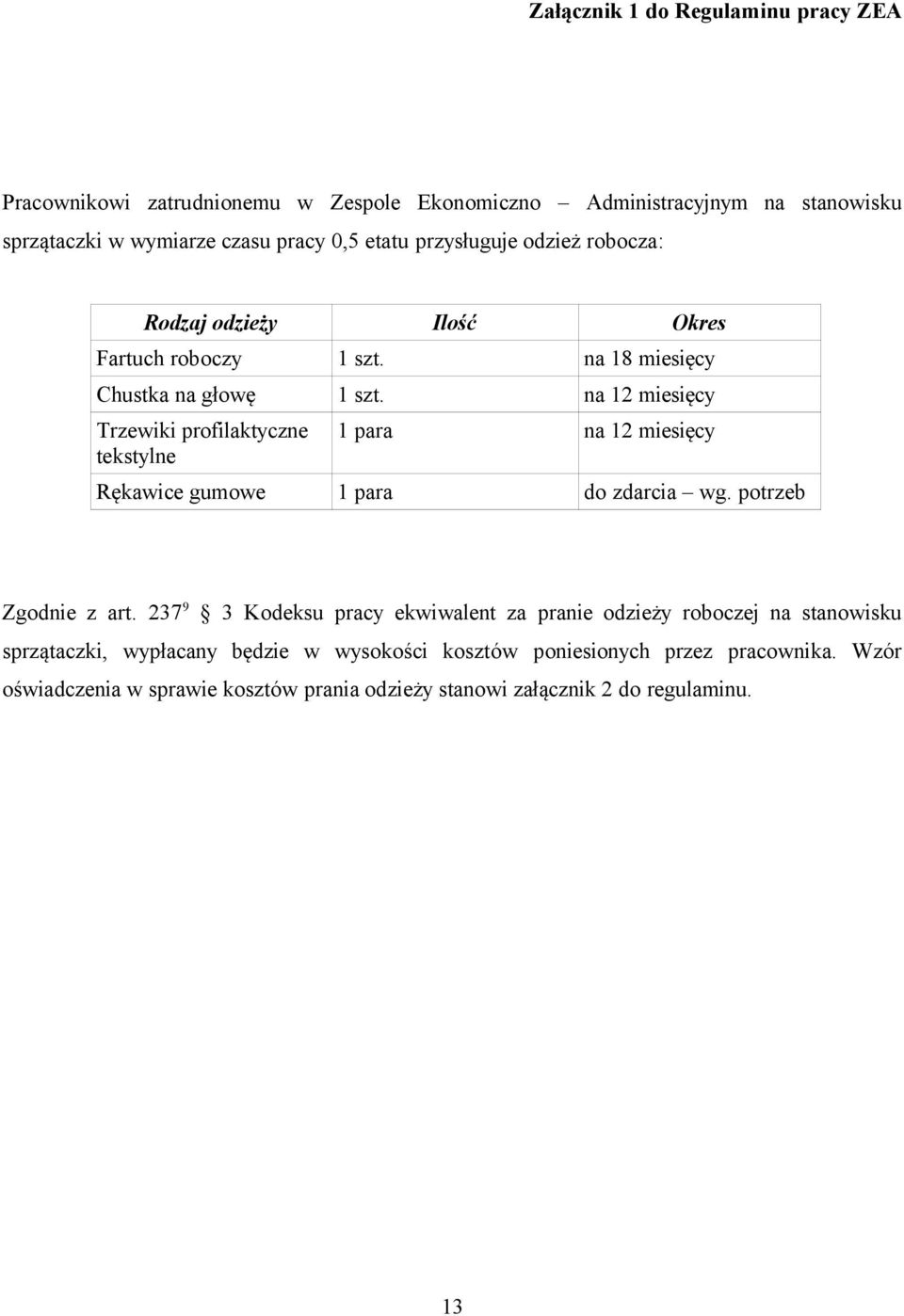 na 12 miesięcy Trzewiki profilaktyczne tekstylne 1 para na 12 miesięcy Rękawice gumowe 1 para do zdarcia wg. potrzeb Zgodnie z art.