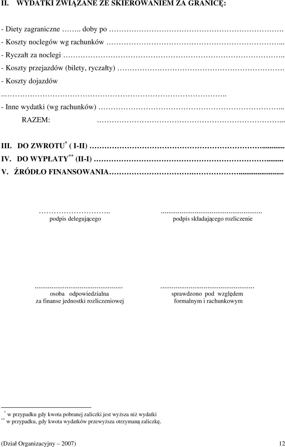 ŹRÓDŁO FINANSOWANIA......... podpis delegującego podpis składającego rozliczenie.