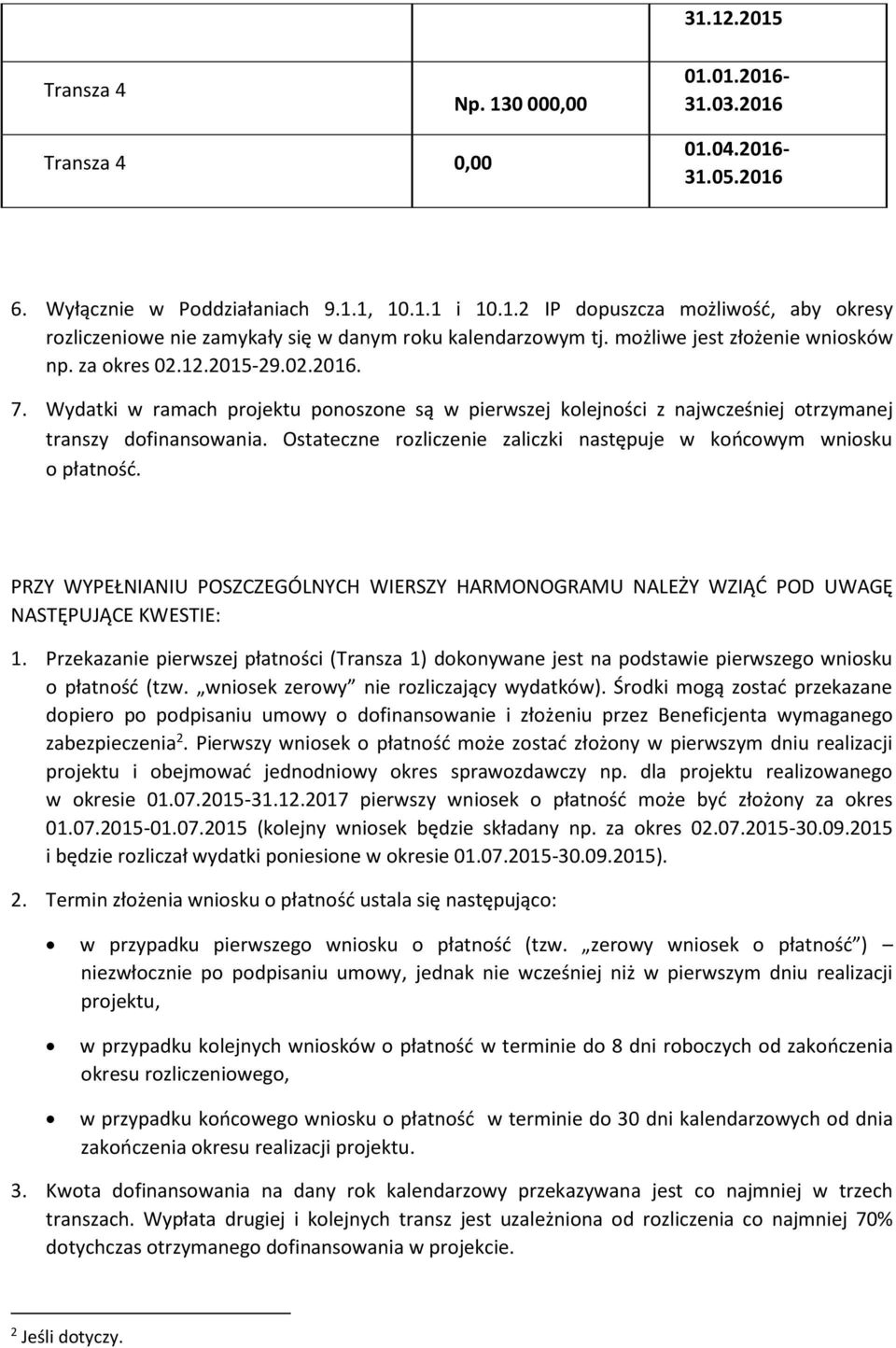 Ostateczne rozliczenie zaliczki następuje w końcowym wniosku o płatność. PRZY WYPEŁNIANIU POSZCZEGÓLNYCH WIERSZY HARMONOGRAMU NALEŻY WZIĄĆ POD UWAGĘ NASTĘPUJĄCE KWESTIE: 1.