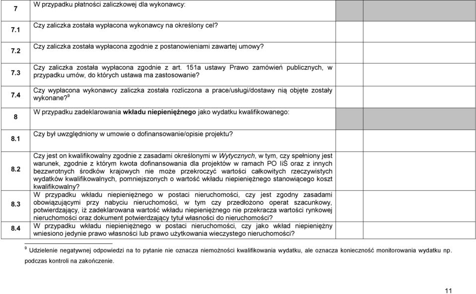 151a ustawy Prawo zamówień publicznych, w przypadku umów, do których ustawa ma zastosowanie? Czy wypłacona wykonawcy zaliczka została rozliczona a prace/usługi/dostawy nią objęte zostały wykonane?