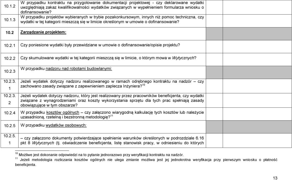 2 Zarządzanie projektem: 10.2.1 Czy poniesione wydatki były przewidziane w umowie o dofinansowanie/opisie projektu? 10.2.2 Czy skumulowane wydatki w tej kategorii mieszczą się w limicie, o którym mowa w Wytycznych?