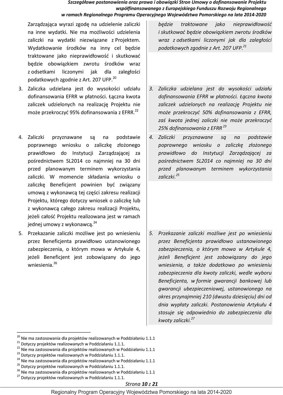 20 3. Zaliczka udzielana jest do wysokości udziału dofinansowania EFRR w płatności. Łączna kwota zaliczek udzielonych na realizację Projektu nie może przekroczyć 95% dofinansowania z EFRR. 22 4.