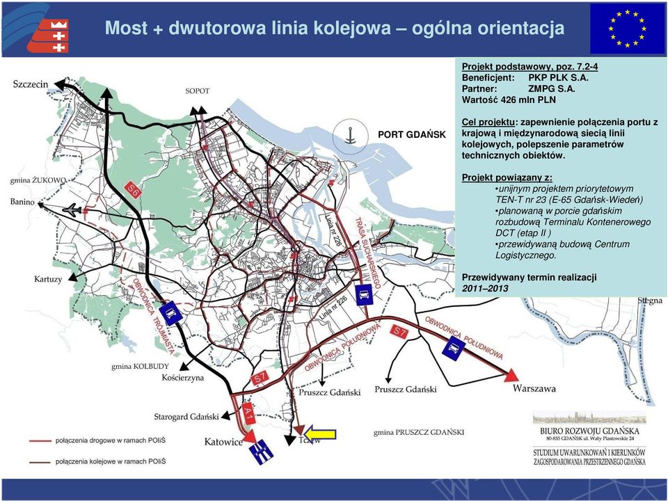 Wartość 426 mln PLN PORT GDAŃSK Cel projektu: zapewnienie połączenia portu z krajową i międzynarodową siecią linii kolejowych,