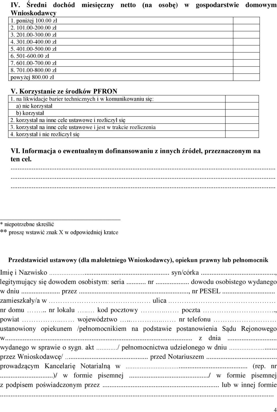 korzystał na inne cele ustawowe i rozliczył się 3. korzystał na inne cele ustawowe i jest w trakcie rozliczenia 4. korzystał i nie rozliczył się VI.