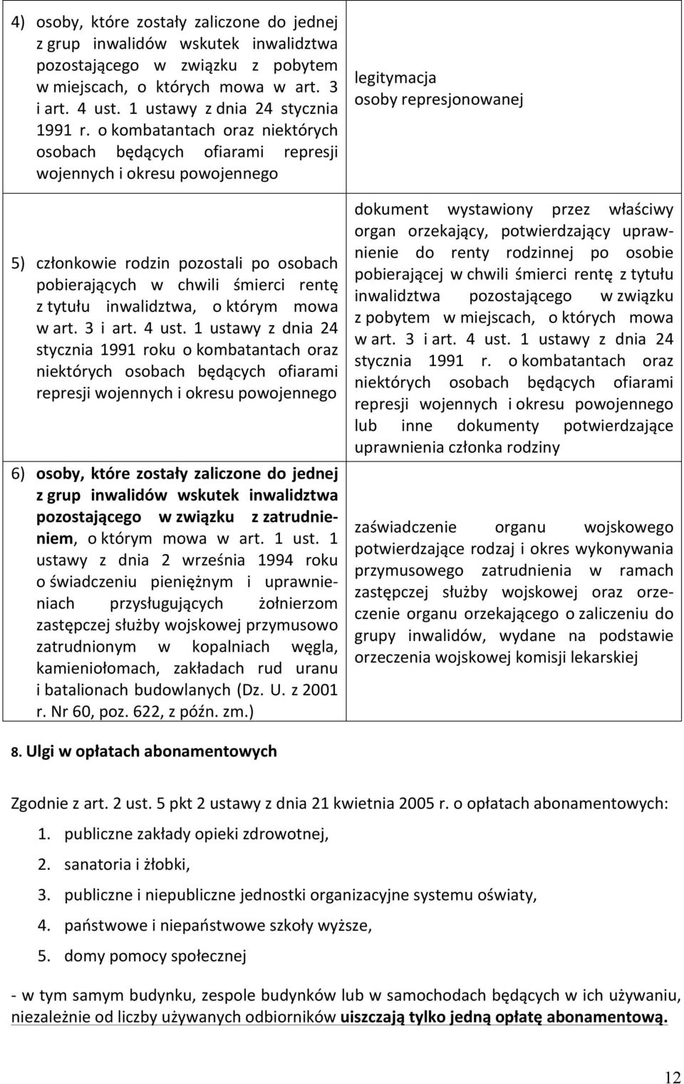 o kombatantach oraz niektórych osobach będących ofiarami represji wojennych i okresu powojennego 5) członkowie rodzin pozostali po osobach pobierających w chwili śmierci rentę z tytułu inwalidztwa, o