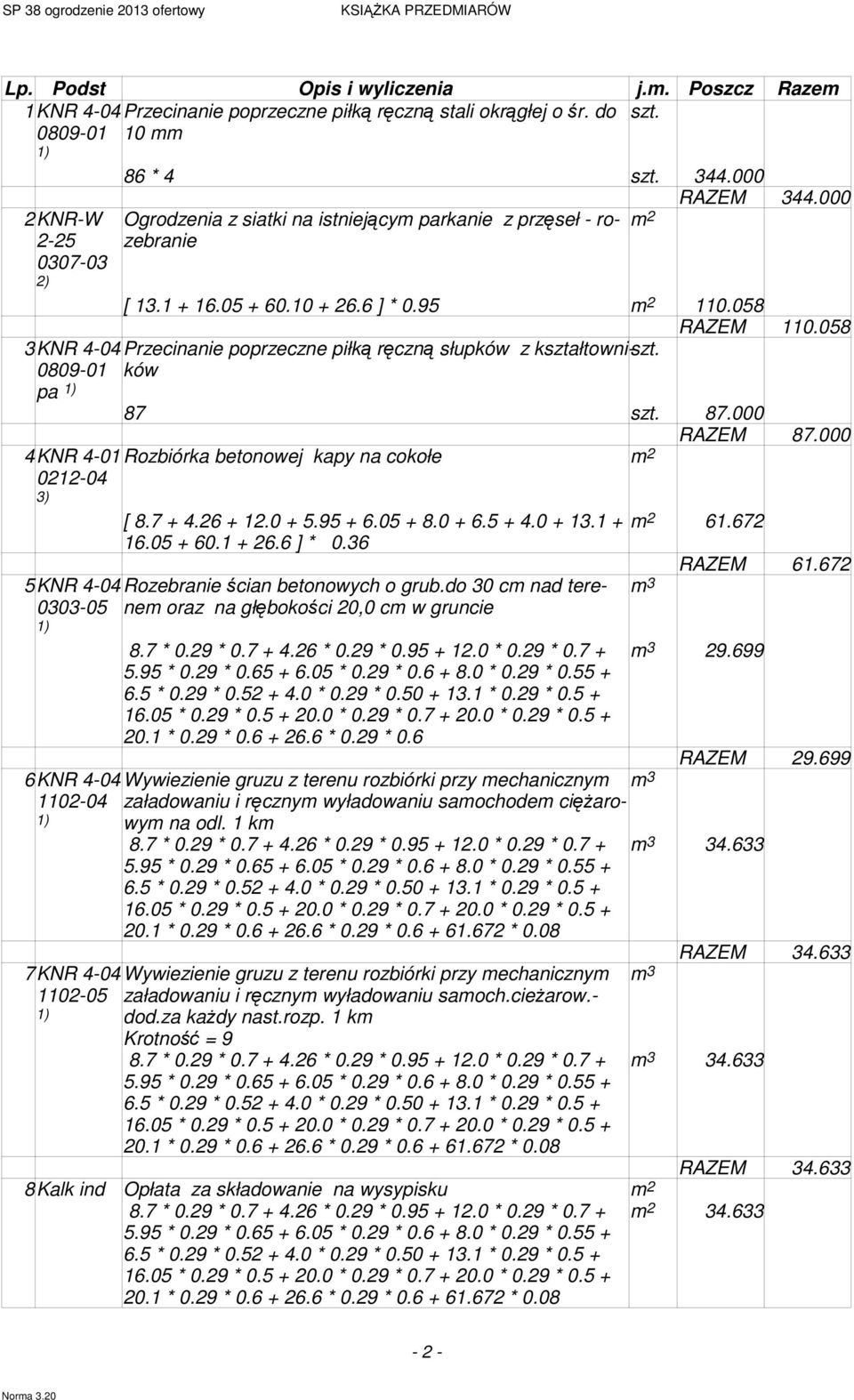 058 3KNR 4-04 0809-01 pa 1) Przecinanie poprzeczne piłką ręczną słupków z kształtowni-sztków RAZEM 110.058 87 szt. 87.000 RAZEM 87.000 4KNR 4-01Rozbiórka betonowej kapy na cokołe m 2 0212-04 3) [ 8.