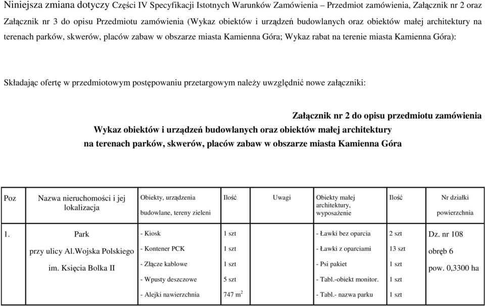 postępowaniu przetargowym naleŝy uwzględnić nowe załączniki: Załącznik nr 2 do opisu przedmiotu zamówienia Wykaz obiektów i urządzeń budowlanych oraz obiektów małej architektury na terenach parków,