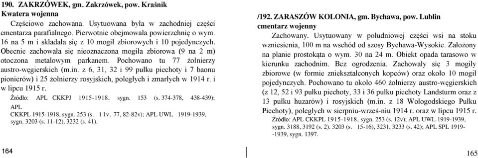 Pochowano tu 77 żołnierzy austro-węgierskich (m.in. z 6, 31, 32 i 99 pułku piechoty i 7 baonu pionierów) i 25 żołnierzy rosyjskich, poległych i zmarłych w 1914 r. i w lipcu 1915 r.