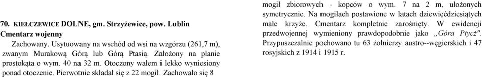 Zachowało się 8 mogił zbiorowych - kopców o wym. 7 na 2 m, ułożonych symetrycznie. Na mogiłach postawione w latach dziewięćdziesiątych małe krzyże.